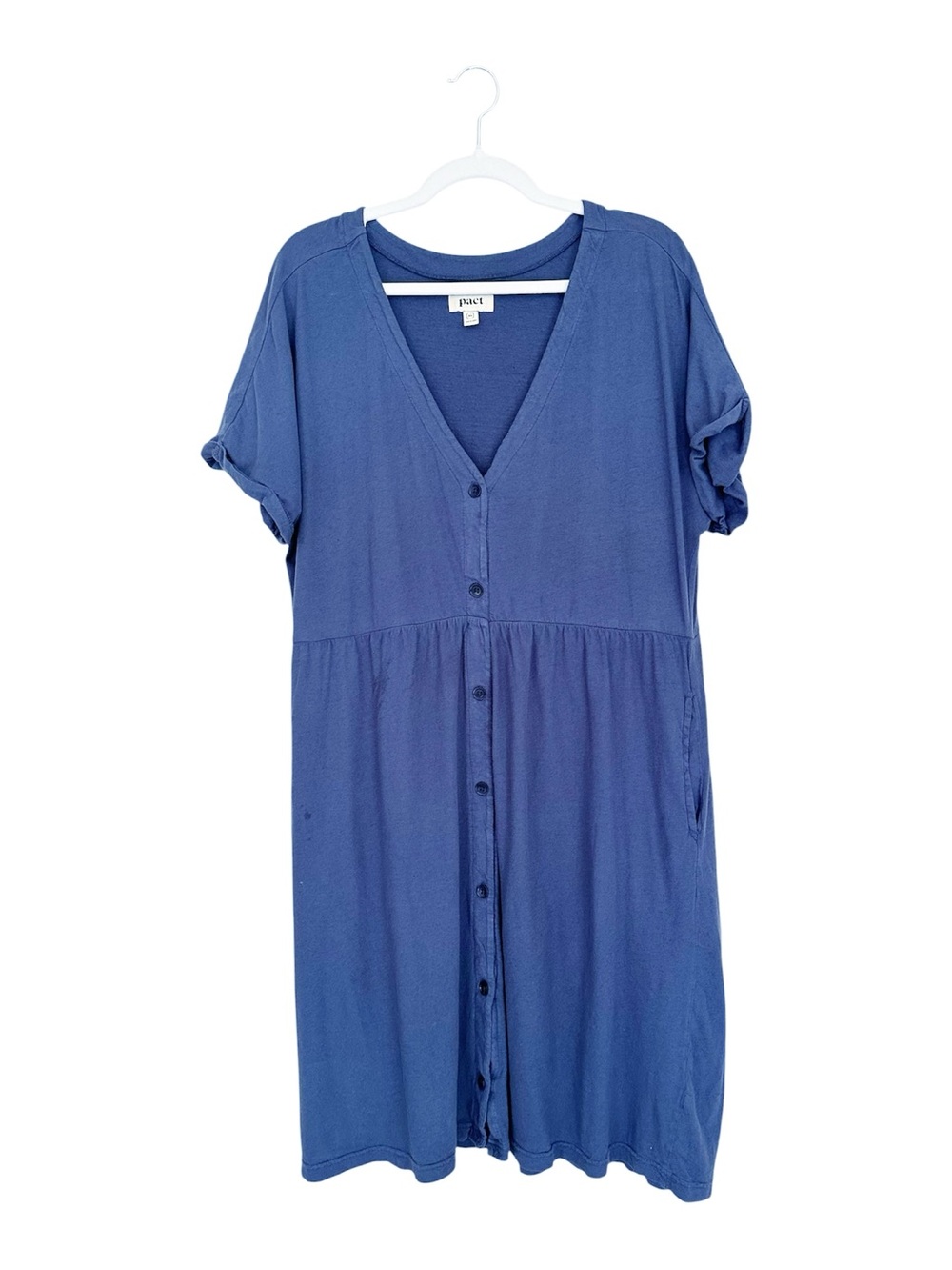 Pact Women’s Organic Cotton Button-Front Midi Dress V-neck Slate Blue Size XL